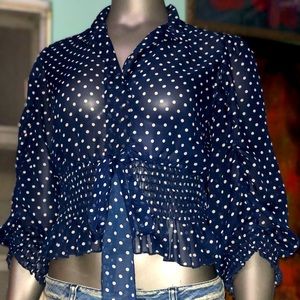 GRACIA FASHION white & blue pocket dots blouse. Size M